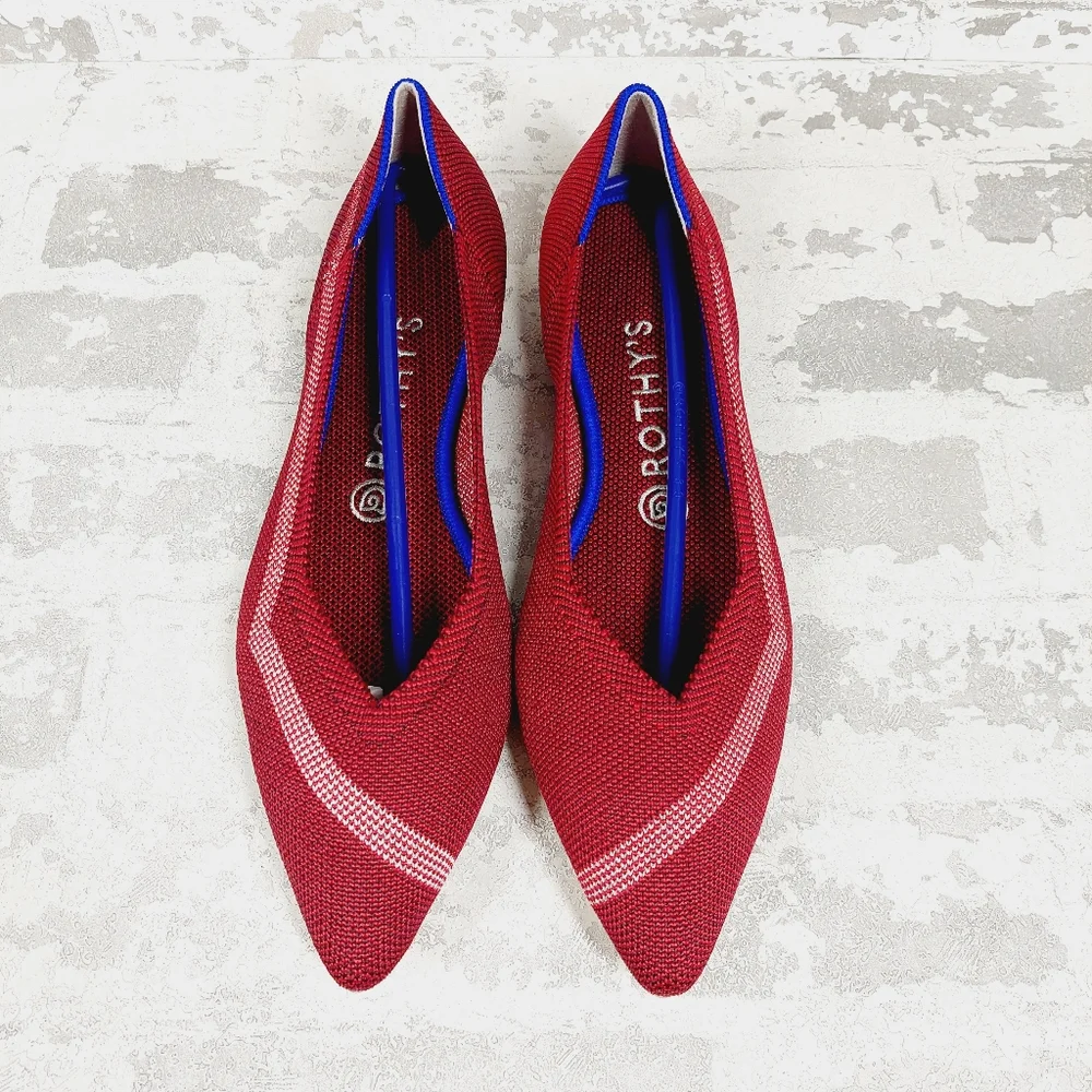 Rothy's Red Pointed Toe Knit Flats with Blue Trim
